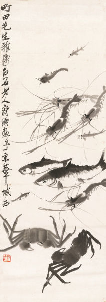  Lot 807 『澄道-近现代绘画夜场』 齐白石(1863-1957) 鱼虾蟹 纸本立轴 出版： 1.《散珍集成（二）》P151，河北教育出版社，2005年。 2.《南黄北齐》P51，人民美术出版社，2010年。 3.《嘉德二十年精品录·近现代卷（一）》第174号，故宫出版社，2014年。 备注：町田德之助上款。町田德之助，日本横滨正金银行大股东。 97×33.5 cm约2.9平尺