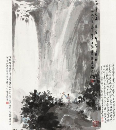 傅抱石(1904-1964) 观瀑图 镜心 设色纸本 68×46 cm. 说明：1.李海峰上款，直接得自作者本人，由家属直接提供。2.傅二石、萧平题裱，并附傅二石与作品合影照。RMB: 1,000,000-2,000,000