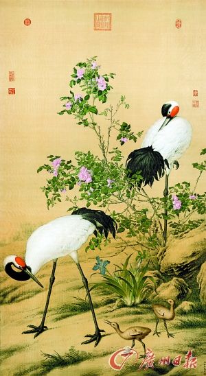 清 郎世宁 《花阴双鹤》（仿真品）