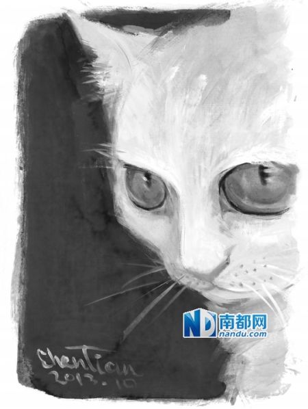 《猫》是用西洋油画技法在传统宣纸上画出来的。