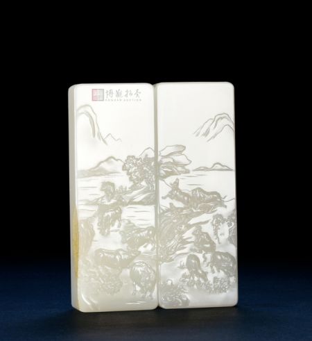 苏州玉雕名家陈冠军作品 和田玉籽料耕读传家对牌 12×4.3×2.0cm 288g  12×4.3×2.0cm 295g