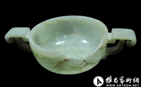 清早期 和田白玉 玉盏 11.5cm(带耳)，杯径6.8cm