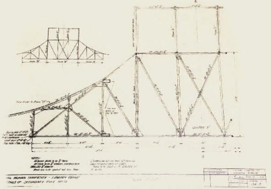 ▲ 武汉大学老图书馆四楼的钢架结构图。两张设计图都属于本次被评为一级文物的图纸。由美国人开尔斯设计，细节清晰，保存完整。图片来源网络