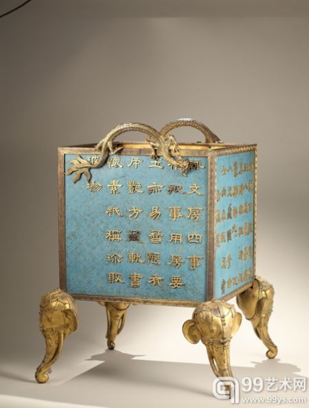 清中期 铜胎掐丝珐琅象足双龙耳诗文大方炉 H66 W51cm 估价：RMB100-150万  法国Pierre Mercier收藏